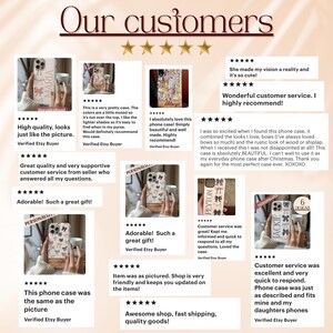 May include: A collage of customer reviews for phone cases featuring various designs with butterflies, bows, and rustic wood accents. The reviews highlight the quality of the products, the excellent customer service, and the fast shipping.