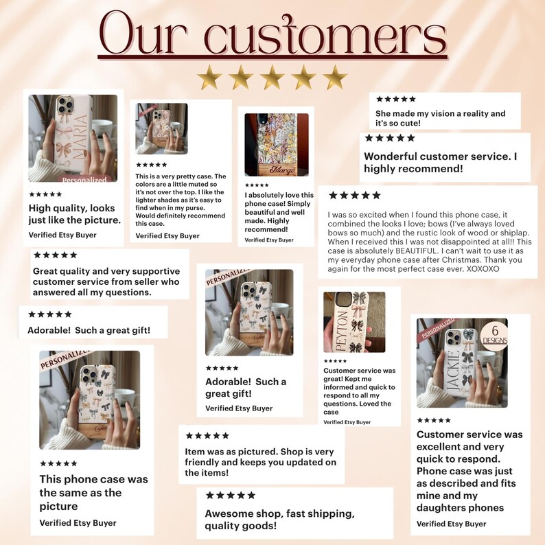 May include: A collage of customer reviews for phone cases featuring various designs with butterflies, bows, and rustic wood accents. The reviews highlight the quality of the products, the excellent customer service, and the fast shipping.