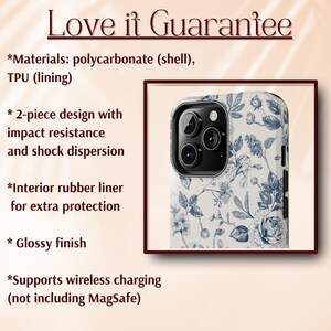 May include: A white phone case with a blue floral pattern. The case is made of polycarbonate and TPU and has a glossy finish. It supports wireless charging, but not MagSafe.