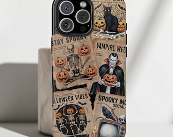 May include: Black phone case featuring a collage of vintage Halloween-themed newspaper clippings. The design includes images of a black cat, pumpkins, a skeleton, and a vampire. Text includes "Get Spooky", "Stay Spooky", "Vampire Weekly", and "Halloween Vibes".