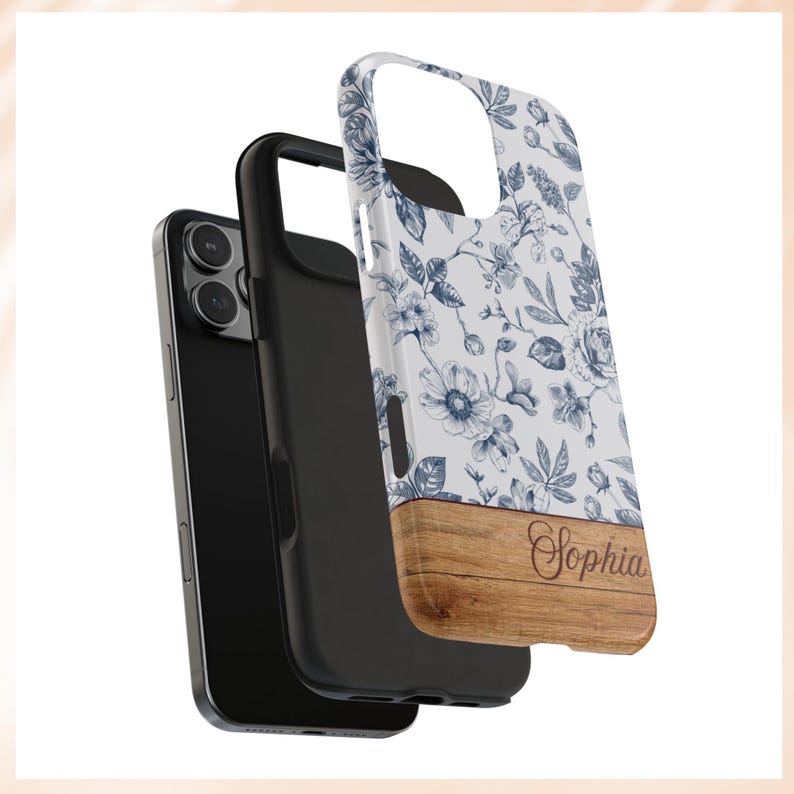 May include: A white phone case with a blue floral pattern and a wood accent at the bottom. The name "Sophia" is engraved on the wood.