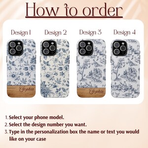 May include: Four different phone case designs with a white background and blue floral patterns. The cases have a wooden bottom with the name "Sophia" engraved on it. The designs are numbered 1 through 4.
