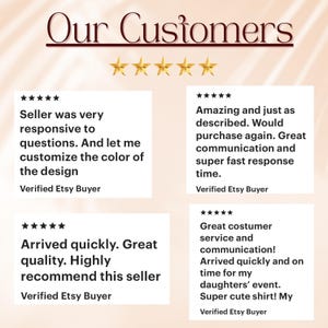 Pu&ograve; includere: L'immagine presenta recensioni dei clienti con il titolo "Our Customers". Le recensioni evidenziano reattivit&agrave;, qualit&agrave; e servizio. Sono visibili anche stelle dorate e "Verified Etsy Buyer".