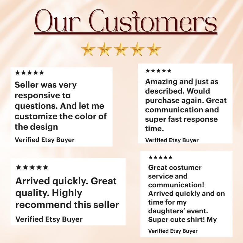 Pu&ograve; includere: L'immagine presenta recensioni dei clienti con il titolo "Our Customers". Le recensioni evidenziano reattivit&agrave;, qualit&agrave; e servizio. Sono visibili anche stelle dorate e "Verified Etsy Buyer".
