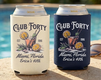Club Forty can cooler, Club 40 sleeve, Club 50 favor, personalized beach bash favors , custom age drink holder, palm party gift, Miami bash