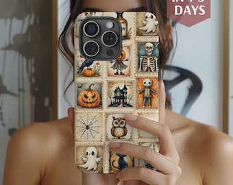 May include: A phone case featuring a collage of Halloween-themed postage stamp designs. The stamps depict a jack-o'-lantern, a haunted house, a skeleton, a ghost, and a black cat. The case has a beige background.