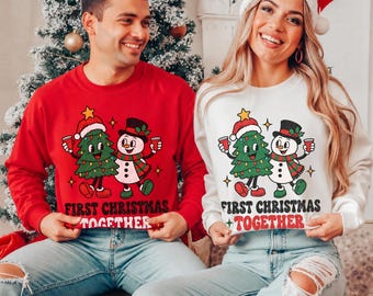Sudadera navideña para parejas, suéter navideño feo para parejas, primera Navidad, casados, Sr. y Sra., divertida primera Navidad juntos, camiseta navideña para parejas