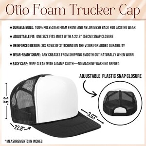 Puede incluir: Gorra de camionero de espuma blanca con parte trasera de malla negra y visera negra. La gorra tiene un cierre de presi&oacute;n de pl&aacute;stico ajustable. La gorra mide 58 cm de circunferencia y 8,9 cm de altura.