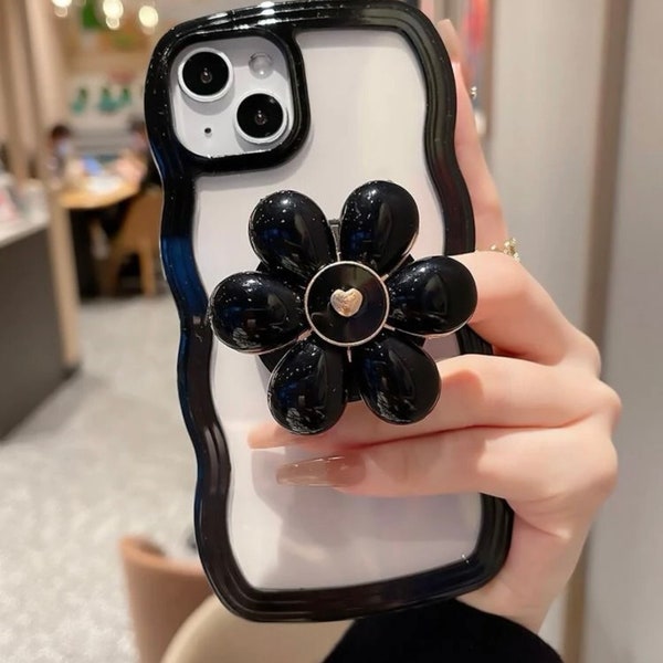 Flower Design Phone Grip | Expanding | Phone Holder | Phone Sockets | Phone Stand | Cute Accessory for the back of your phone - Beige/Black