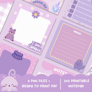 Könnte beinhalten: Eine Sammlung von bedruckbaren Notizblöcken in Lila- und Rosatönen mit niedlichen Illustrationen eines Bären, einer Katze und anderen skurrilen Designs. Die Notizblöcke enthalten die Sätze "Dream Big", "I am CAPABLE" und "Make Shock".