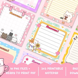 May include: A selection of printable notepads with a cat theme. Each notepad features a unique design with the word "Meowmo!" and cute cat illustrations. The notepads are 7.6 x 7.6 cm and come in 10 PNG files, ready to print.