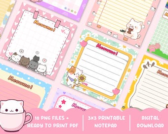 Bloc de notas 3x3 con temática de gatos / Bloc de notas digital con diseño de gatos (PNG + PDF)