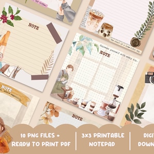 Pode incluir: Uma coleção de designs de blocos de notas imprimíveis com ilustrações temáticas de café. Os designs incluem imagens em aquarela de xícaras de café, equipamentos de preparação e citações inspiradoras. O bloco de notas é um download digital com 10 arquivos PNG.