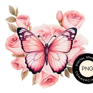 Vlinder png, vlinder en rozen png, roos clipart, sublimatie bestand, aquarel vlinder, commercieel gebruik, instant download
