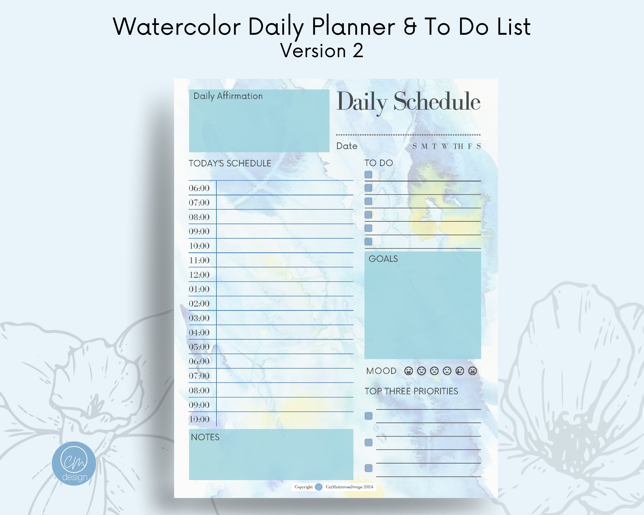 Printable Daily Schedule and To-do List Printables Blue Watercolor ...