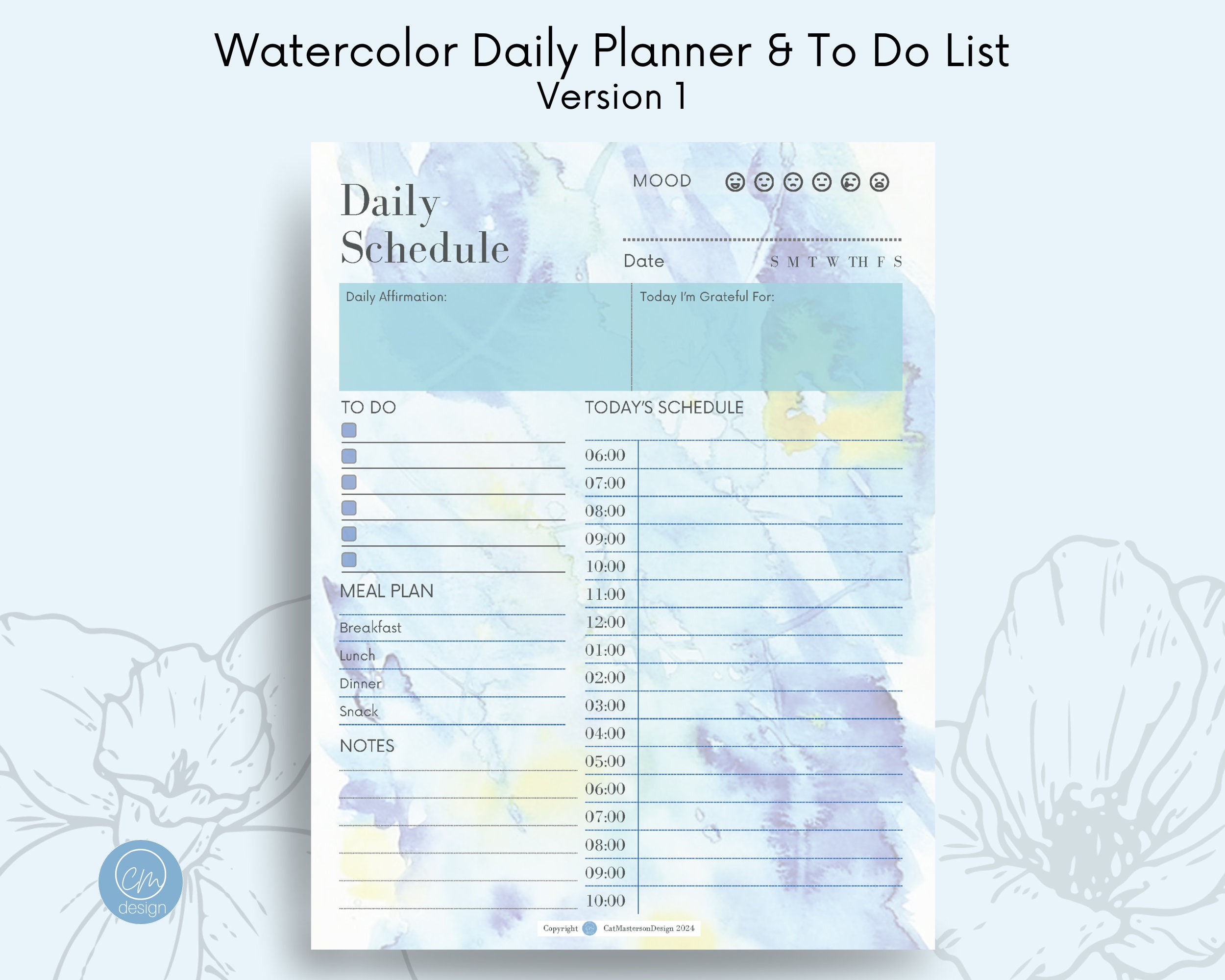 Printable Daily Schedule and To-do List Printables Blue Watercolor ...