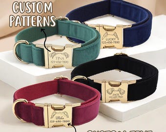 May include: Four personalized dog collars in various colors: green, navy, black, and burgundy. Each collar features a gold-colored buckle with custom text and a phone number. The collars are labeled "Custom Patterns" and "Custom Text".