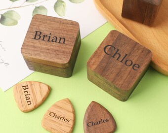 Engraved Walnut Guitar Pick Holder, Personalized Plectrum Case
