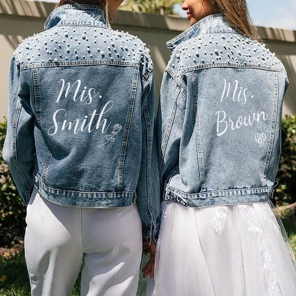 Mrs Pearl Jean Jacket, Mrs Custom Jean Jacket, Date under the collar jacket, Personalized jacket, Bride Jean Jacket, Mrs Denim Jacket