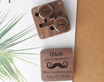 Personalized Walnut Cufflinks with Wooden Box, Engraved Groomsmen Gift