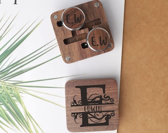 Engraved Walnut Cufflinks with Wood Box – Personalized Groomsmen Gift