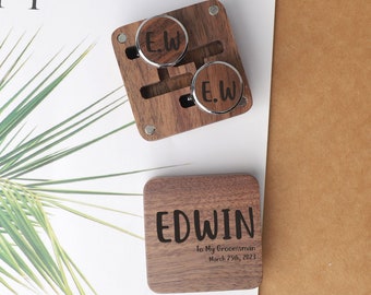 Personalized Walnut Cufflinks with Engraved Box, Groomsmen Gift
