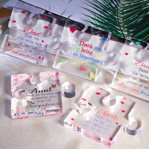 Blocco acrilico a forma di puzzle, blocco acrilico con stampa incisa, blocco acrilico con supporto, decorazione da tavolo, targa acrilica, regalo per papà, mamma, famiglia, amici