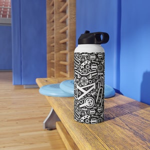 Mountain Bike Parts Pattern Stainless Steel Water Bottle - Durable and Insulated - Available in 3 Sizes - BPA Free, Twist-On Lid  MTB bottle