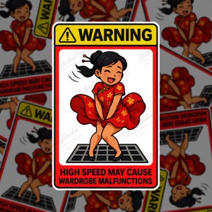 Funny Asian Girl Sticker, Windblown Dress, Wardrobe Malfunction Decal, Humor Planner Art