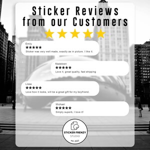 The image is a collage of customer reviews for Sticker FRENzy Studio, featuring positive feedback about the quality and shipping of Sticker products.
