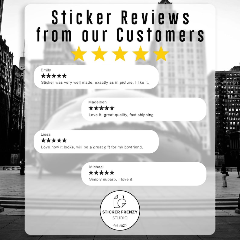 The image is a collage of customer reviews for Sticker FRENzy Studio, featuring positive feedback about the quality and shipping of Sticker products.
