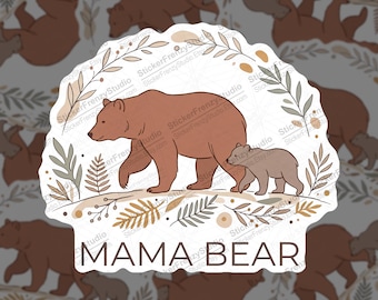 Mama Bear Cub Floral Sticker, Boho Nature Decal, Motherhood Laptop Water Bottle Vinyl