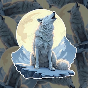 Howling Wolf Sticker - Water-resistant Vinyl Decal - Lunar Wolf Aesthetic - Wildlife, Nature, Moon, Arctic, White Wolf Sticker for Laptops