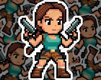 8-Bit Retro Gaming Sticker, Tomb Raider Inspired Pixel Art Decal, Laptop Sticker