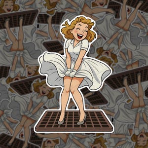 Retro Pin-Up Girl Sticker – Classic Dress Flying Art, Vintage Bombshell Vinyl Decal, Funny 50s Aesthetic Sticker for Laptop or Car