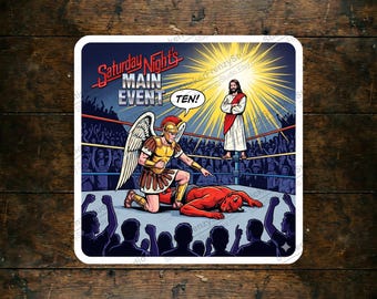 Funny Jesus Wrestling Sticker, Archangel Michael vs Satan Decal, Retro Christian Humor Comic Art Parody, Faith Based Laptop Decal
