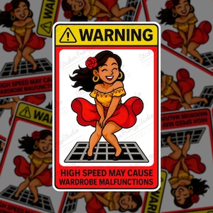 Funny Latina Girl Sticker: Windblown Dress, Wardrobe Malfunction - Glossy Decal
