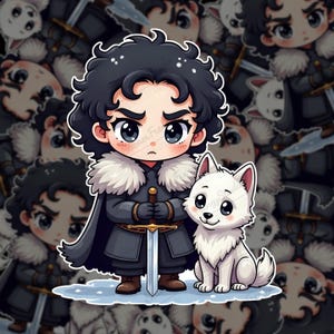 May include: A sticker featuring a chibi-style character with curly black hair, wearing a dark grey coat with a white fur collar and a cape, holding a sword with a gold hilt. Beside the character sits a small, fluffy white wolf with large eyes.