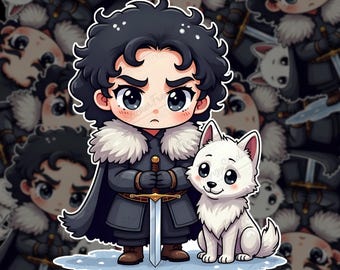 Jon Snow Sticker: Chibi Ghost Direwolf Design (Fantasy Anime Style)