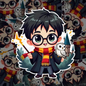 Chibi Harry Potter Sticker – Gryffindor Scarf, Wand & Hedwig, Glossy Laminated