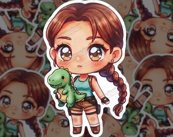 Lara Croft Chibi Sticker, Tomb Raider Dinosaur Decal, Retro Gamer Laptop Planner Vinyl
