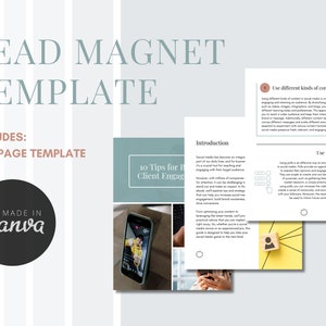 Op de afbeelding: Een turquoise en witte leadmagnet-sjabloon voor social media-engagement. De sjabloon bevat 10 tips voor klantbetrokkenheid en is gemaakt in Canva. De sjabloon is een document van 8 pagina's.
