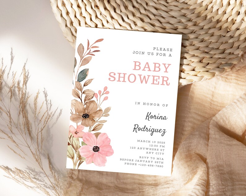 Pink Floral Baby Shower Invitation, Baby Shower Invitation, Editable ...