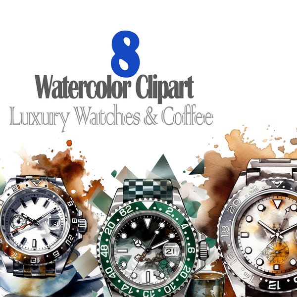 8 reloj de lujo digital y café Digital acuarela Clipart/pegatina