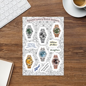 11 autocollants de montres de luxe coupés en biseau inspirés des modèles présidentiels et de quelques dictons humoristiques sur le marché de la montre