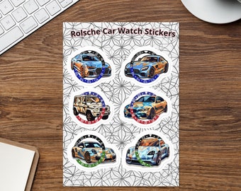 6 pegatinas físicas troqueladas para amantes y entusiastas de los relojes de lujo y los coches de lujo