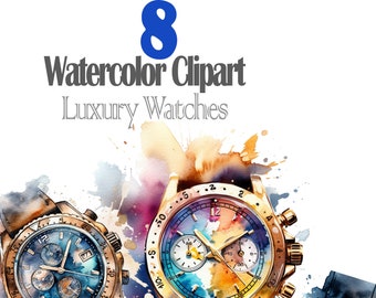 8 imágenes prediseñadas y pegatinas de acuarela inspiradas en relojes de lujo digitales
