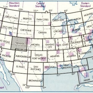 May include: A map of the United States divided into sections with the names of major cities in each section. The map is labeled with time zones, including Pacific Standard, Mountain Standard, Central Standard, Eastern Standard, and Atlantic Standard. The map also includes a legend that indicates the terminal area charts.