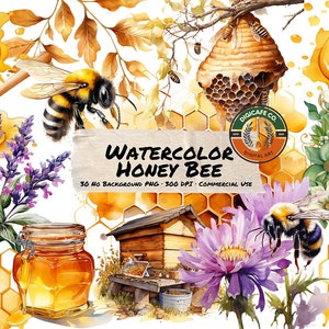 Watercolor Honey Bee Clipart - Spring Garden, Bee Honey Drips, Beehive, Jar, Floral Bees, Flowers, Spring Clip Art in PNG for Commercial Use