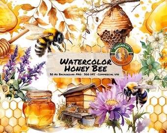 Clipart dell'acquerello dell'ape del miele - giardino primaverile, gocce di miele delle api, alveare, vaso, api floreali, fiori, clip art primaverili in PNG per uso commerciale